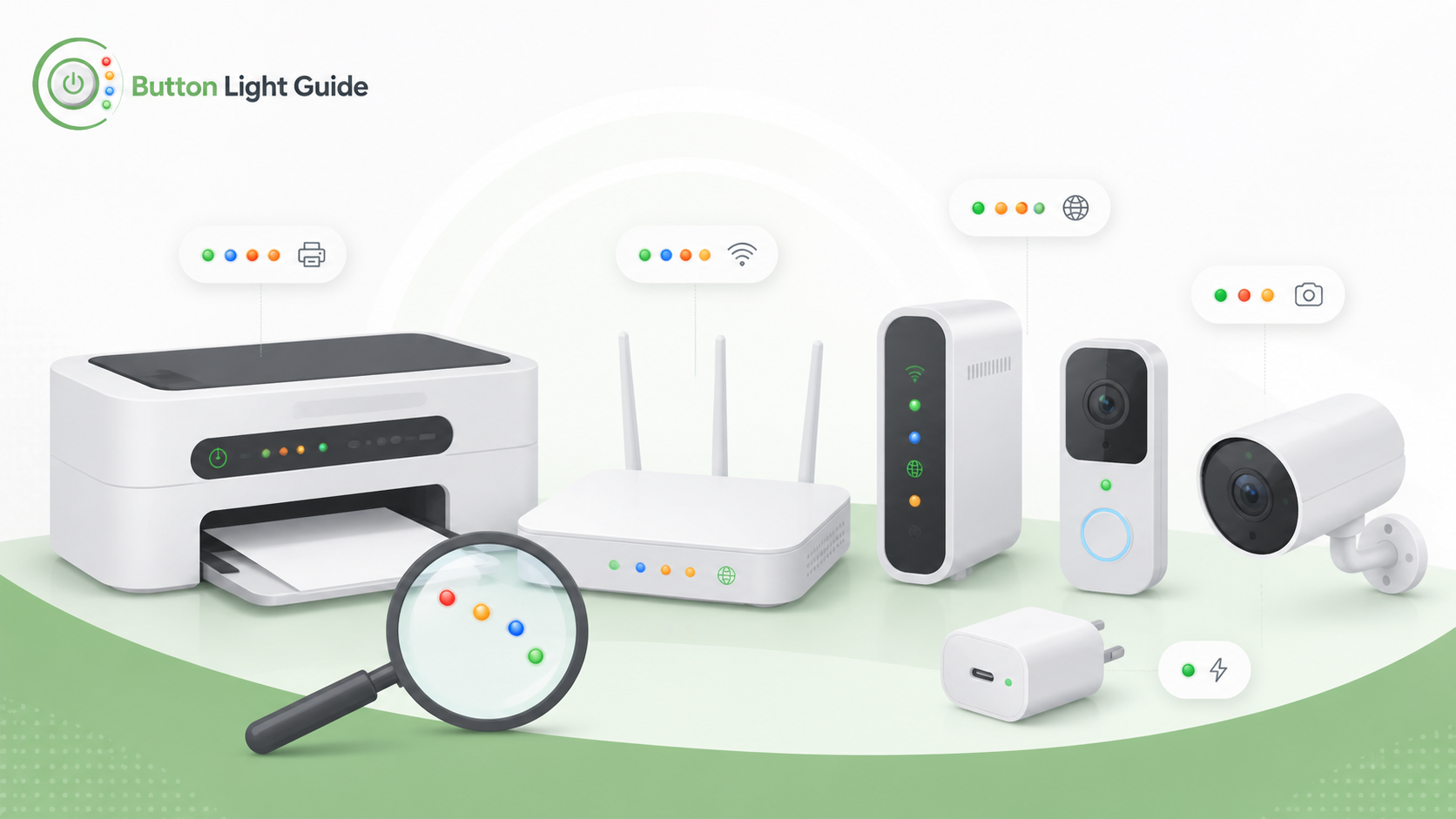 Illustration of printers, routers, cameras, doorbells, chargers, and status indicator lights